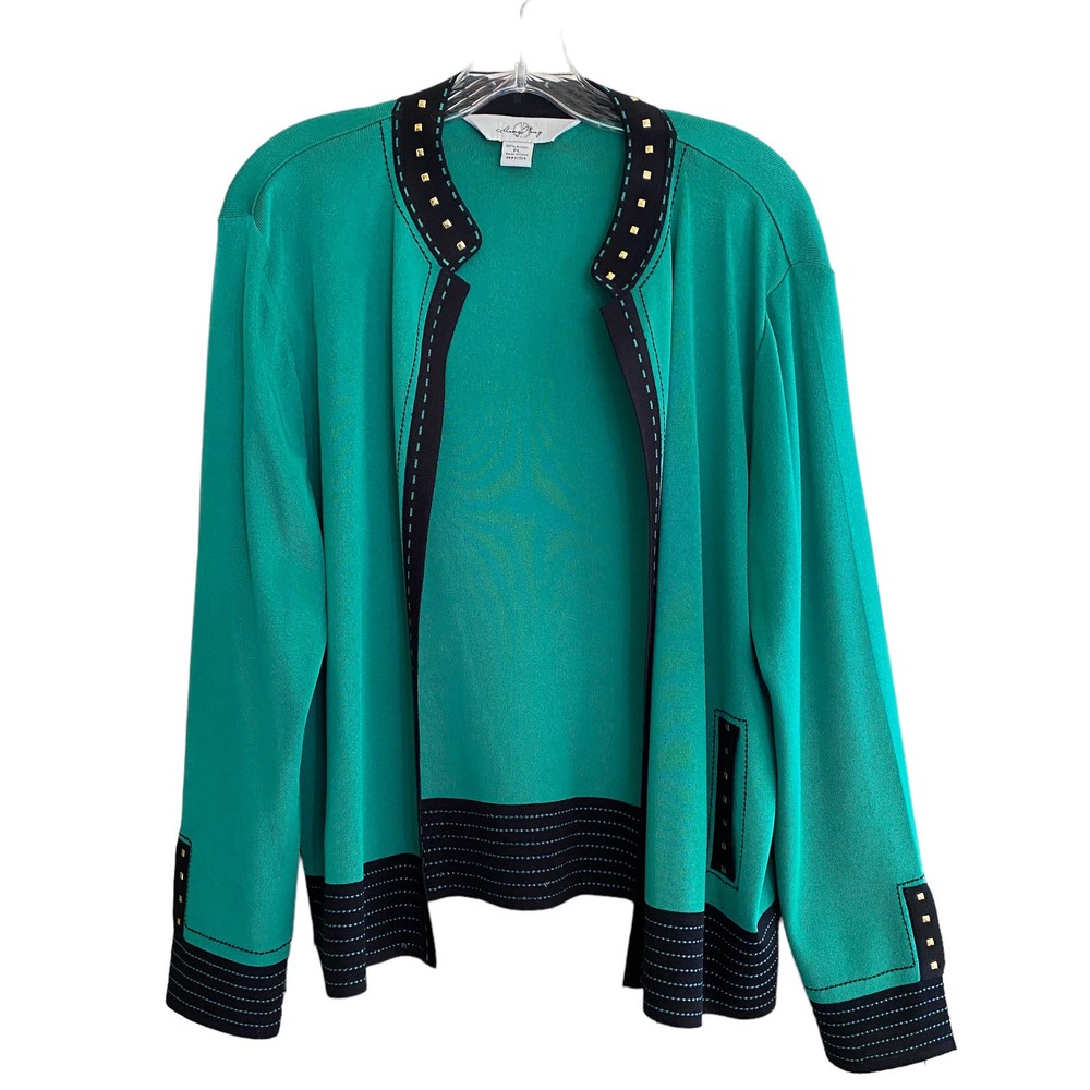 MING WANG Size L Cardigan Open Front Green Black Gold Metal Studs